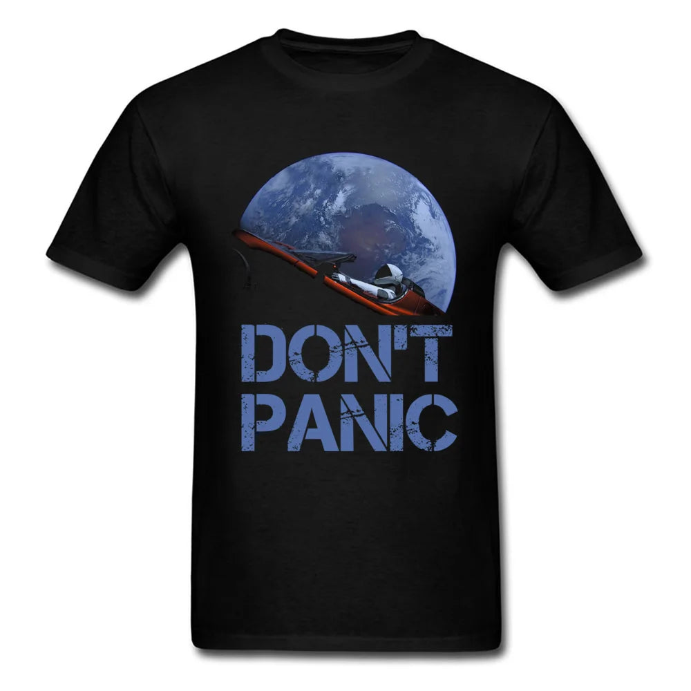 Novelty Occupy Earth SpaceX Starman T Shirt Man 100% Cotton Elon Musk Space X T-Shirt Summer Camiseta Mens Tshirt Don't Panic