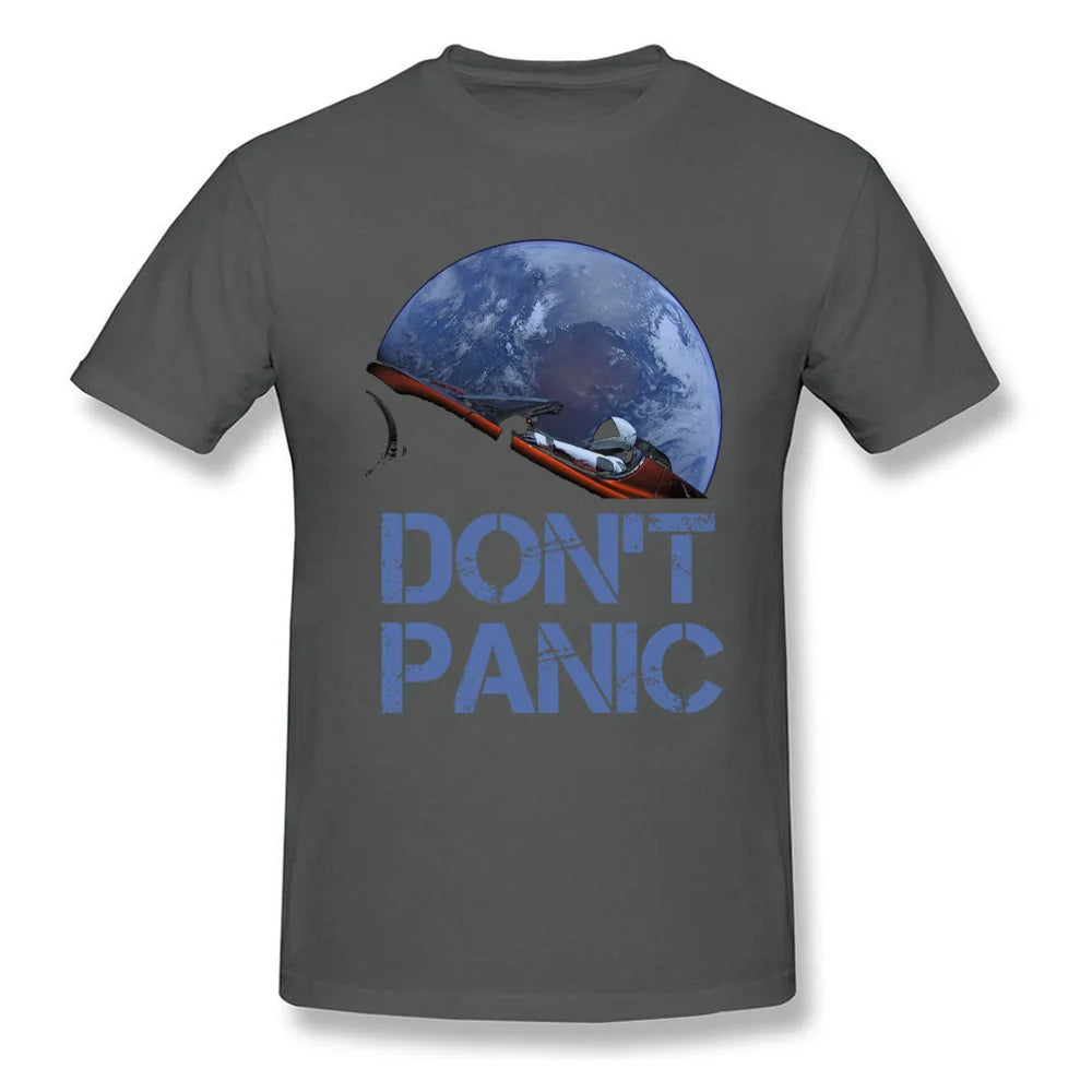 Novelty Occupy Earth SpaceX Starman T Shirt Man 100% Cotton Elon Musk Space X T-Shirt Summer Camiseta Mens Tshirt Don't Panic