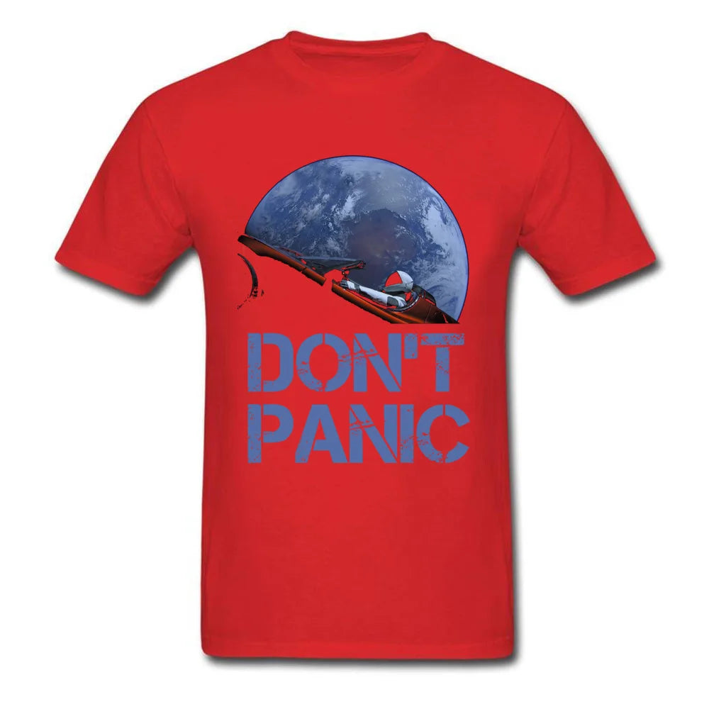 Novelty Occupy Earth SpaceX Starman T Shirt Man 100% Cotton Elon Musk Space X T-Shirt Summer Camiseta Mens Tshirt Don't Panic