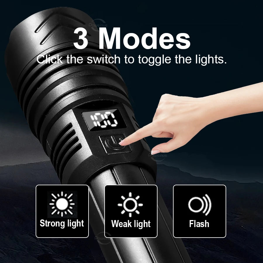 1000000LM High Power LED Flashlight Bright Rechargeable Powerful Torch Hand Lantern Zoomable Emergency Fishing Camping Lamps