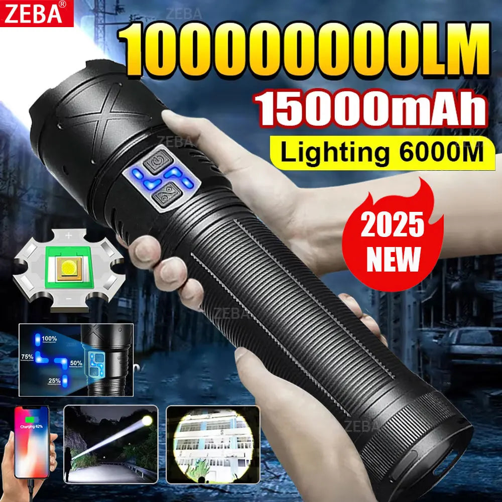 2025 New 15000mAh High Power White Laser Flashlights 1000000LM Ultra Powerful Flashlight Rechargeable Lantern Outdoor Camp Torch