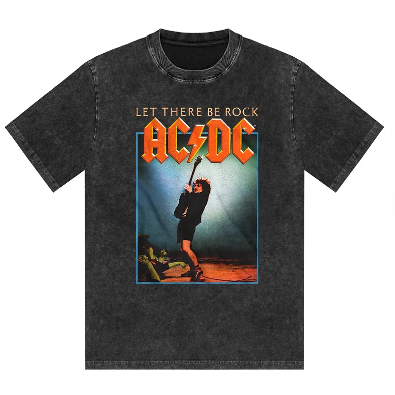 ACDC Band Printed T-shirt Washed Retro Old Short Sleeve Trendy Couple Comfortable Loose Casual Fashion New Men's Clothing
