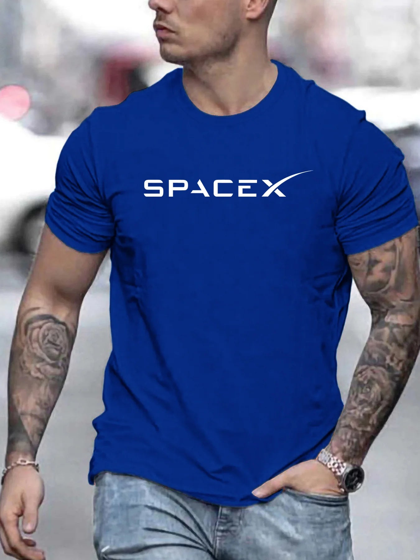 Men's Summer 100 Cotton Fashionable Casual Loose Large Size SPACEX Letter Pattern Printed Round Neck Short Sleeve T-shirt Top