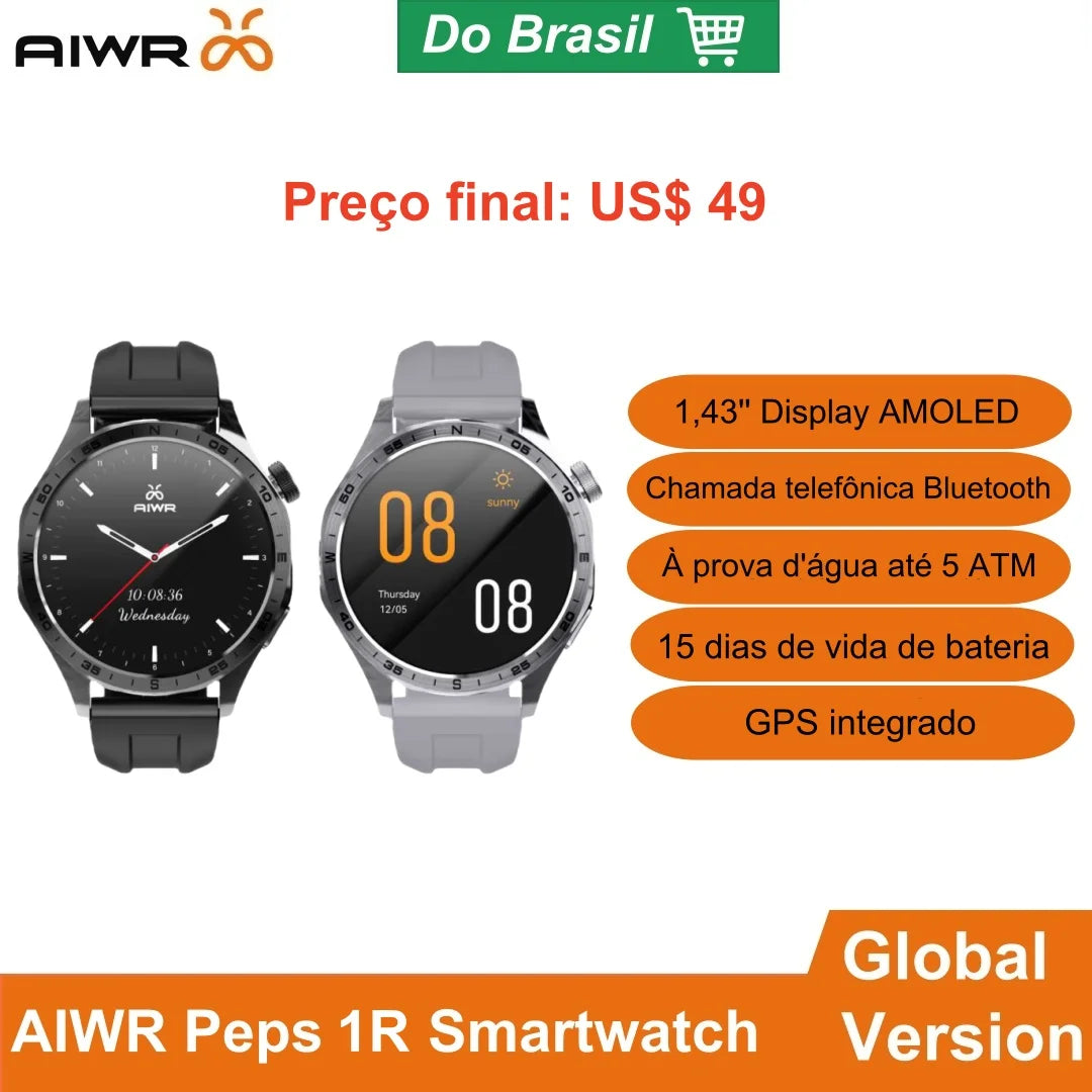 AIWR Peps 1R Smartwatch with GPS 5ATM Water Resistance 1.43" AMOLED Display AI Faces Bluetooth Calls Heart Rate Sleep Monitor