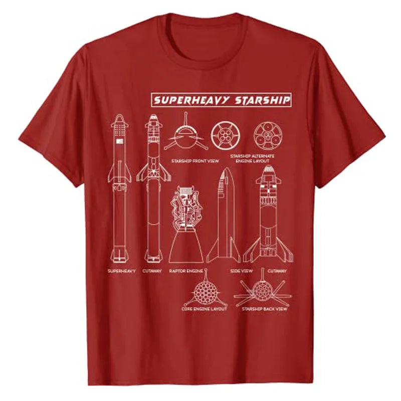 SpaceX Starship Blueprint T Shirt Starship-SN15 To The Moon Tee Top Cool Occupy Mars Space Rocket Raptor Launch Explorer Outfits