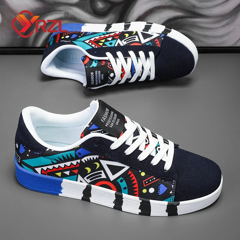 YRZL Men's Sports Running Shoes Canvas Geometric Style Lace-Up Sneakers Couples' Fashionable Graffiti Print Skate Shoes Men