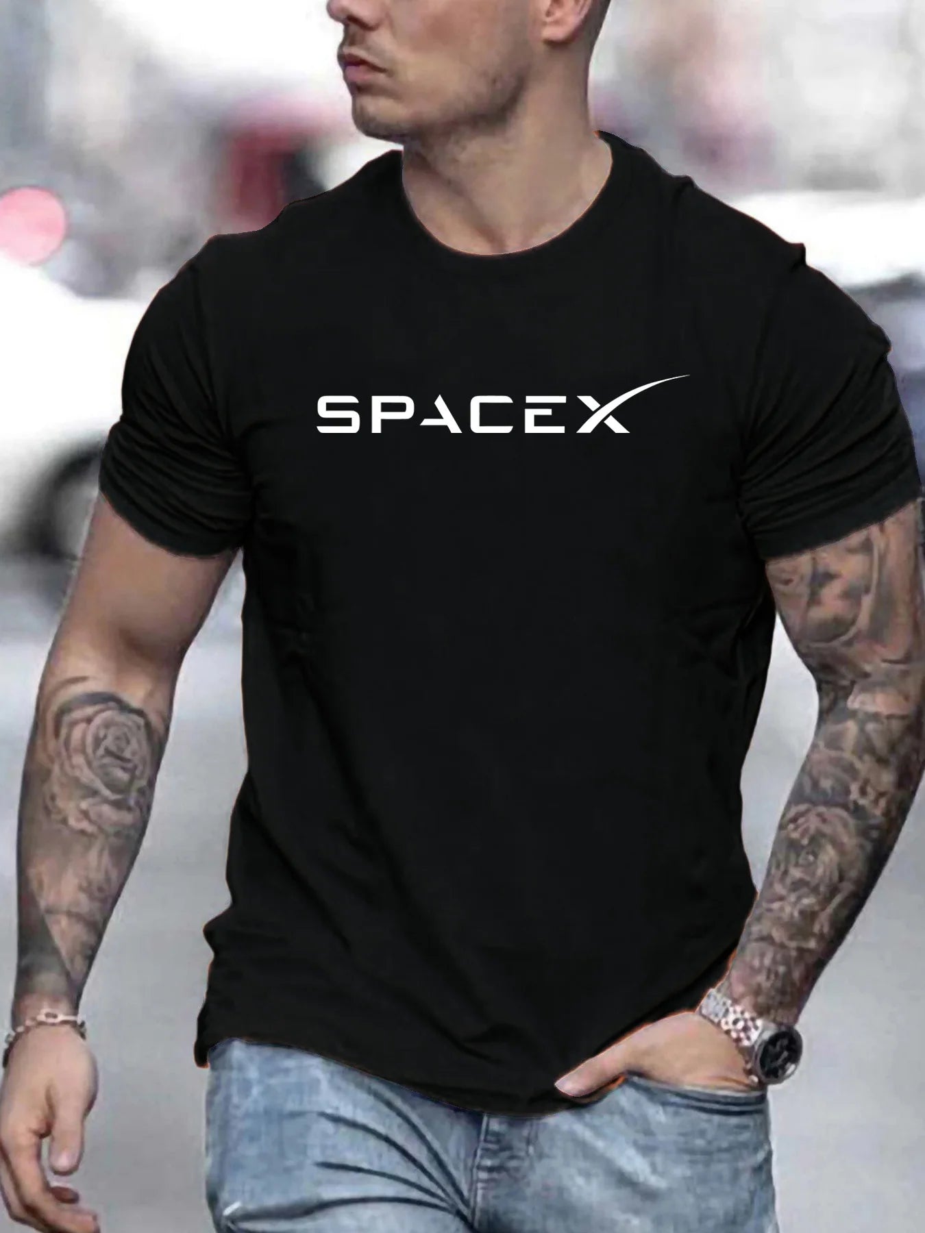 Men's Summer 100 Cotton Fashionable Casual Loose Large Size SPACEX Letter Pattern Printed Round Neck Short Sleeve T-shirt Top