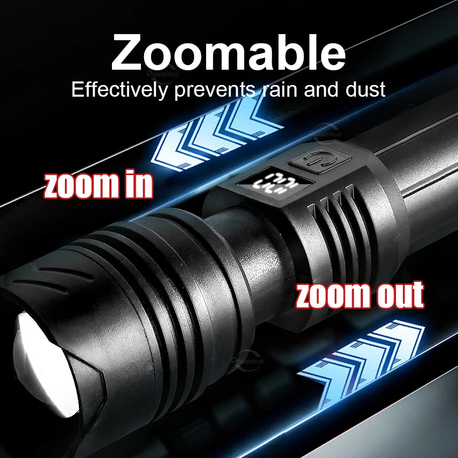 1000000LM High Power LED Flashlight Bright Rechargeable Powerful Torch Hand Lantern Zoomable Emergency Fishing Camping Lamps