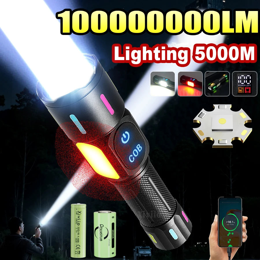 100000000 Ultra Powerful LED Flashlight Long Range 5000M Torch Light With Magnetic Suction Outdoor Lantern For Fishing Camping