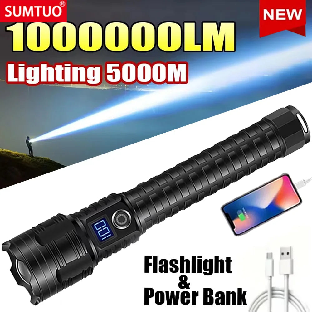 2025New 12000mAh White Laser Flashlights 1000000LM Ultra Powerful Flashlight Zoom USB Rechargeable Lantern Outdoor Camping Torch
