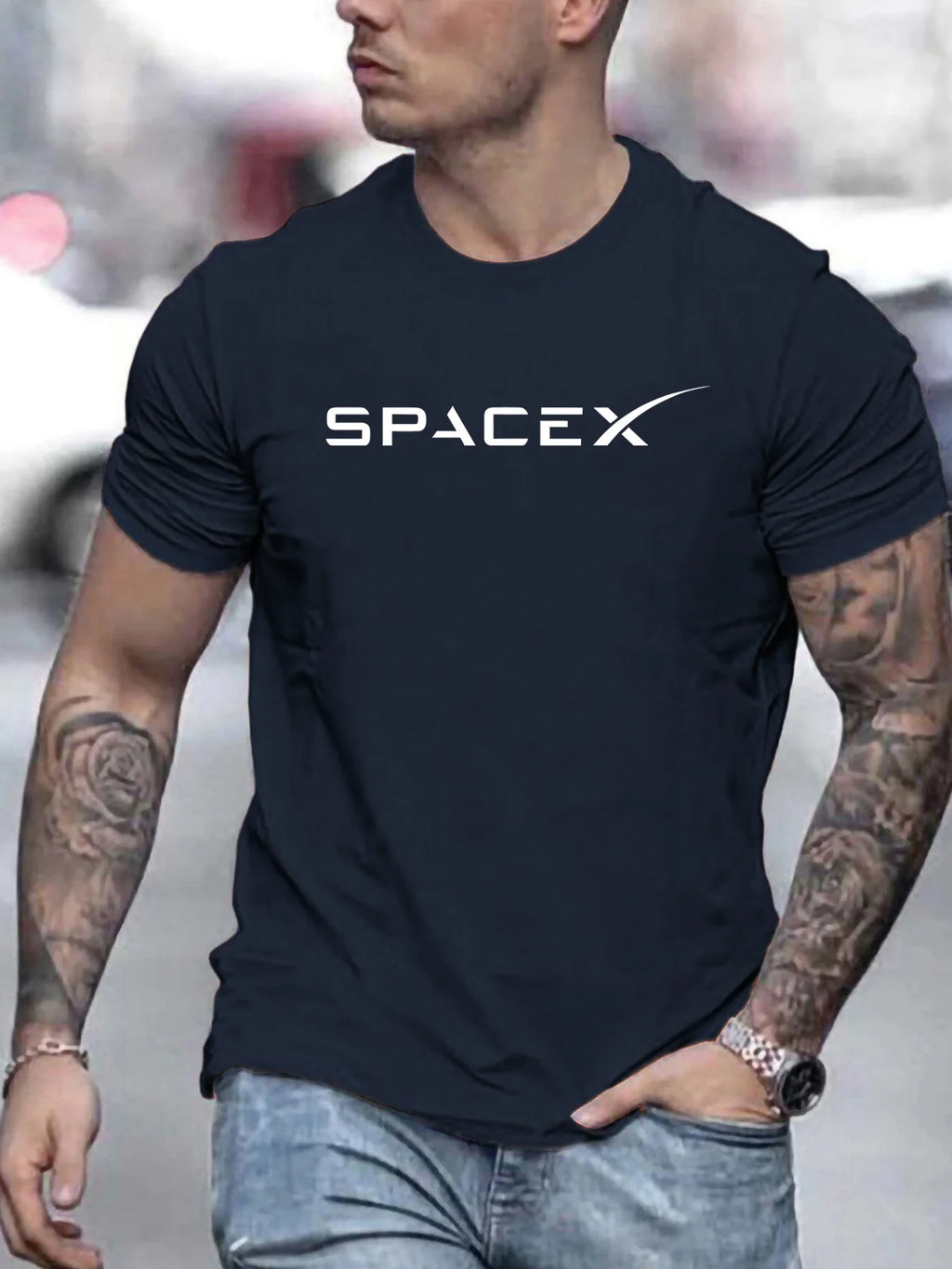 Men's Summer 100 Cotton Fashionable Casual Loose Large Size SPACEX Letter Pattern Printed Round Neck Short Sleeve T-shirt Top