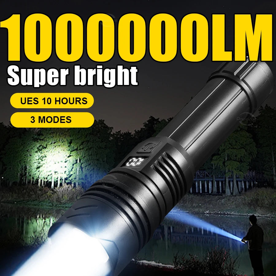 1000000LM High Power LED Flashlight Bright Rechargeable Powerful Torch Hand Lantern Zoomable Emergency Fishing Camping Lamps